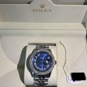 Rolex Men's Watch with Silver Band and Blue Dial